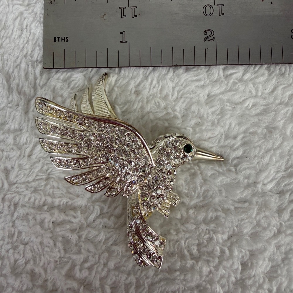 Silver Tone Rhinestone Hummingbird Brooch Pin Green Eye Crystal Bird Accessory - Picture 5 of 6